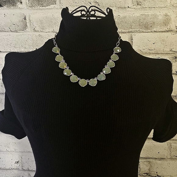 Lia Sophia Jewelry - Lia Sophia Green Glass Stone Necklace – Silver Tone Statement Bib Neckline